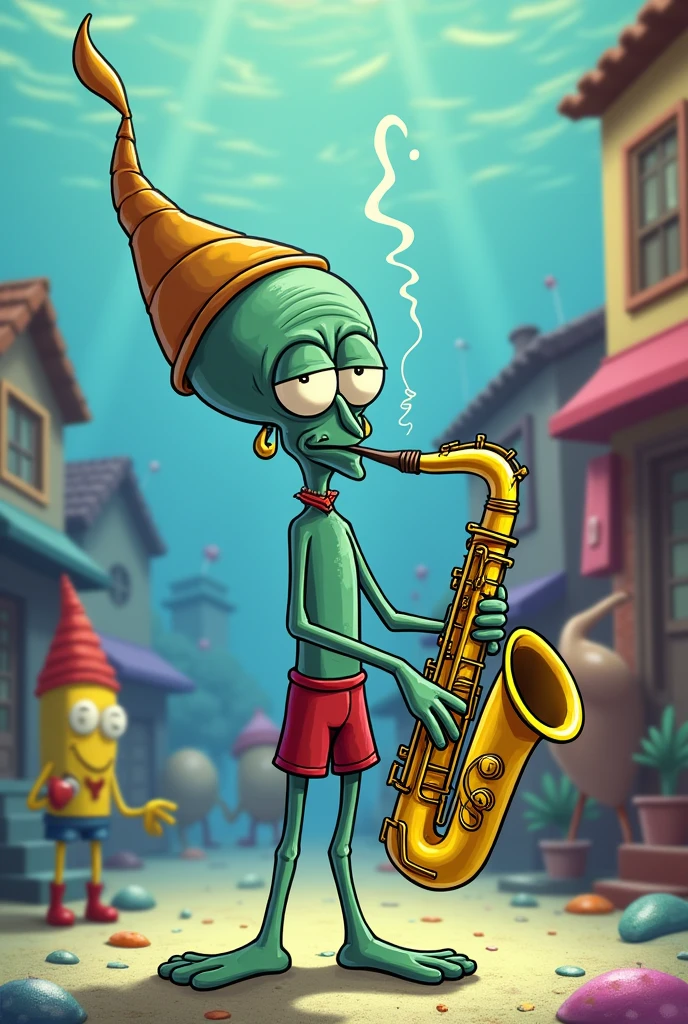Squidward playing the saxophone 
