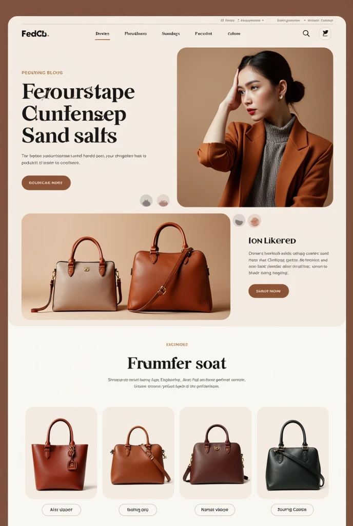 A home page of a handbag sales website. Use UI design and UX design principles. creative, moderno, sophisticated. Target audience: women between 25 and 4. Earthy tones, but it can have other bright colors too