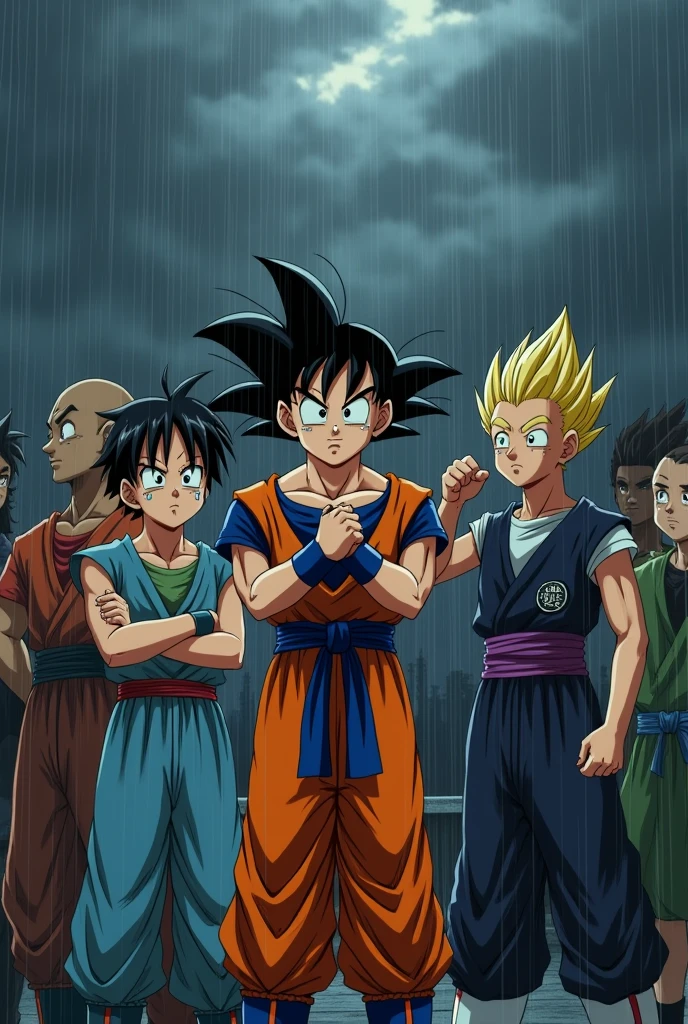 Image of all Dragon Ball GT characters sad about Akira Toriyama&#39;s death, with rain.