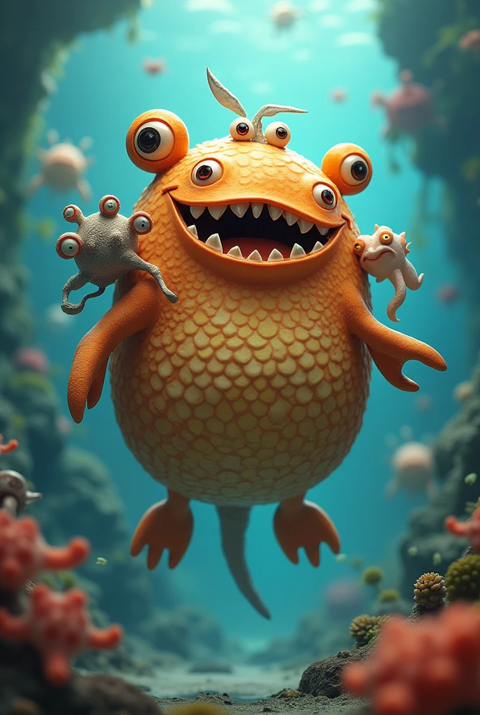 A creature with an orange cylindrical body, round head, have scales, that is covered in fat, round ears, have four fins, sharp teeth and clusters of eyes