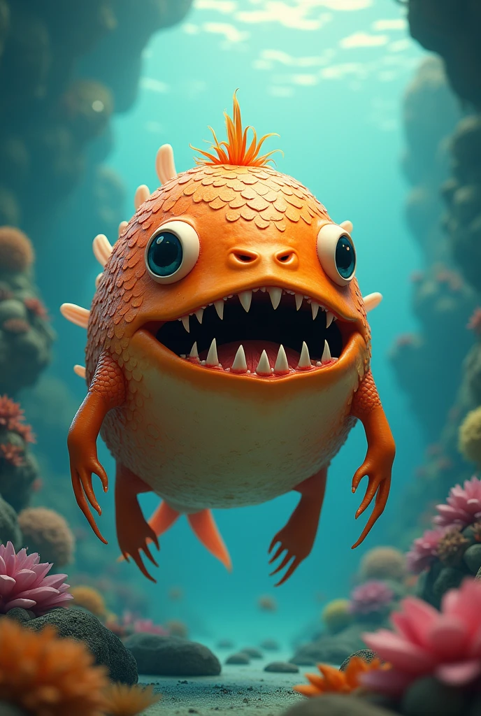 A creature with an orange cylindrical body, round head, have scales, that is covered in fat, round ears, have four fins, sharp teeth and clusters of eyes