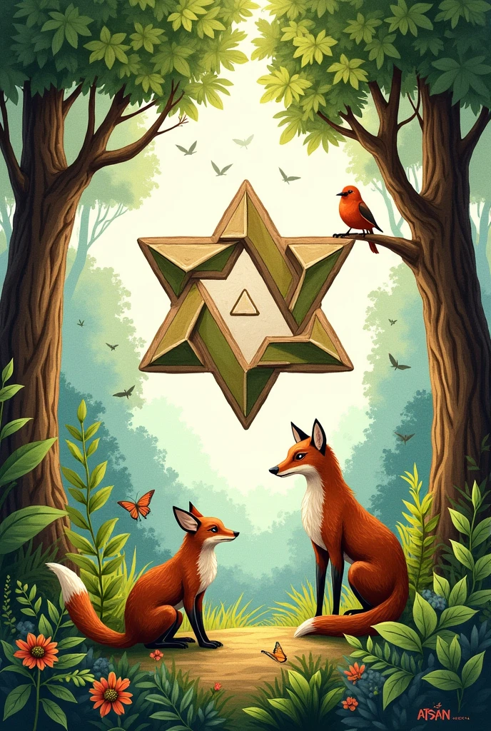 Dessine moi le logo ATSAN dans un decor de forêt et d'animaux comme un dessin à la main