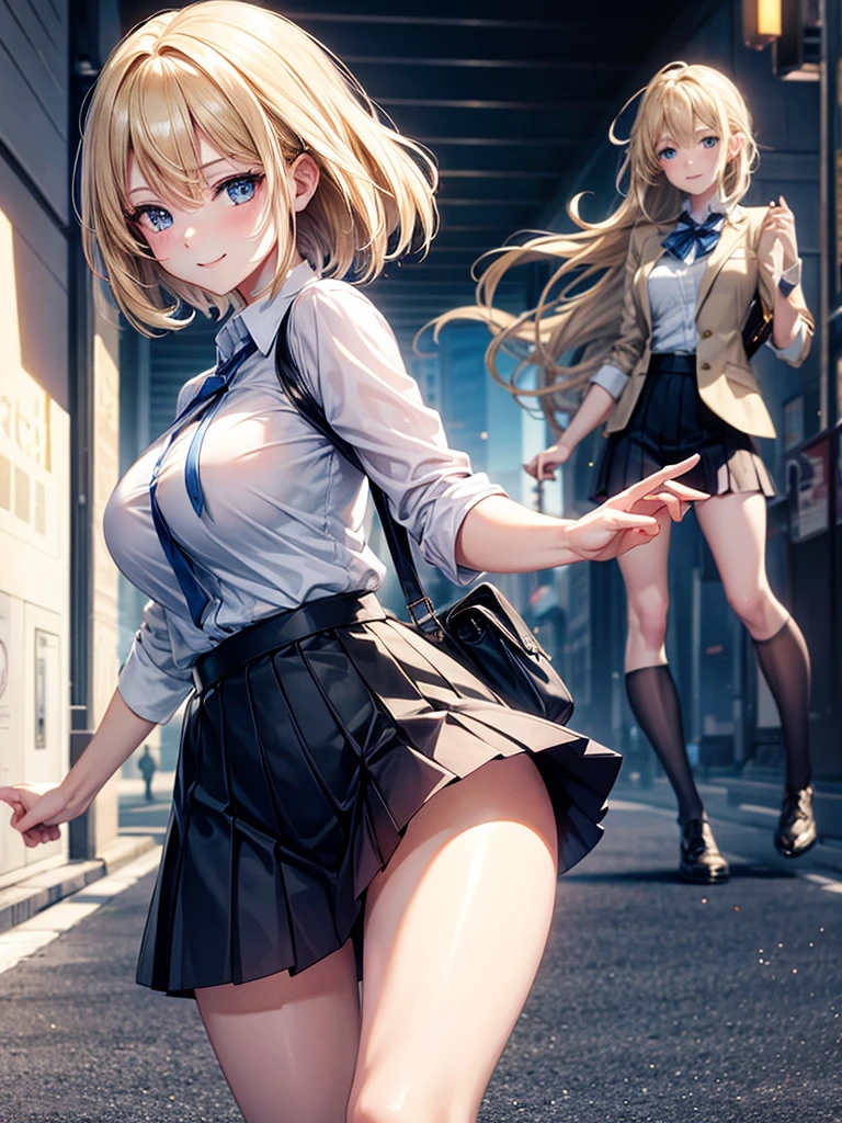 Anime style, super fine illustration, highly detailed, beautiful detailed, pale tone image, static representation, gentle expression, happy expression, 8k, pretty 1girl with blonde straight short hair & blue eyes & a bright smile & full bust & soft fair skin is wearing big white business shirt not to show her skin & black tight skirt & 1business bag, on the business building morning street, in the morning, brilliant particles of lights, happy stories, solo, perfect fingers, perfect arms, perfect legs, masterpiece.