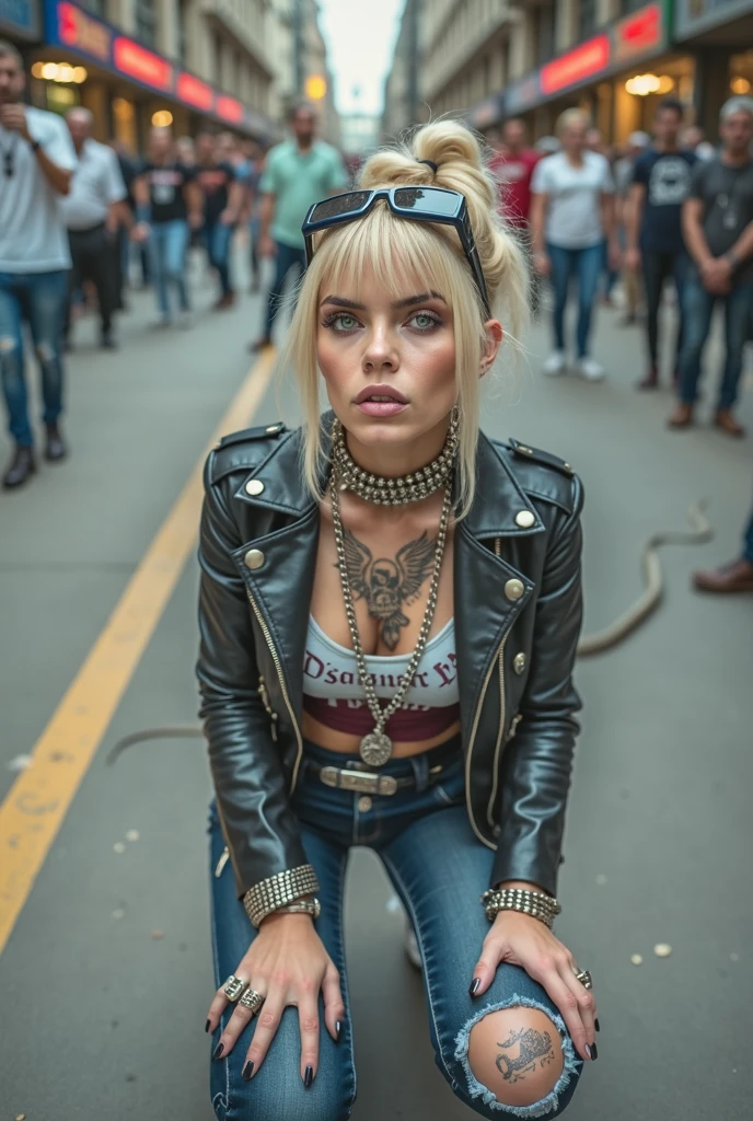 russian old milf woman, , blonde platinum hair (beehive bun) and oversized square sunglasses as headband), with very light green eyes, extremely pale. Wearing studded, padded shoulders, cropped black moto jacket (zippers on the side. dark burgundy push up t-shirt with skull and wings logo and gothic lettering,, dark skinny low rise blue jeans with holes on knees .White tennis sneakers. Lots of thick wide studded bracelets, chain collars and big rings. Tacky wide studded leather belt with big eagle oval buckle. Long earrings with chains. Kneeling on a ragged usa flag, looking at the photographer. Craving, sensual face. Hands on knees. Looking at the camera, Toned abdominals, thin neck, slim legs and thin arms. Narrow hips. Heavily tattooed on chest, hands, neck and arms. Crowded church with priests, rattlesnakes on the floor