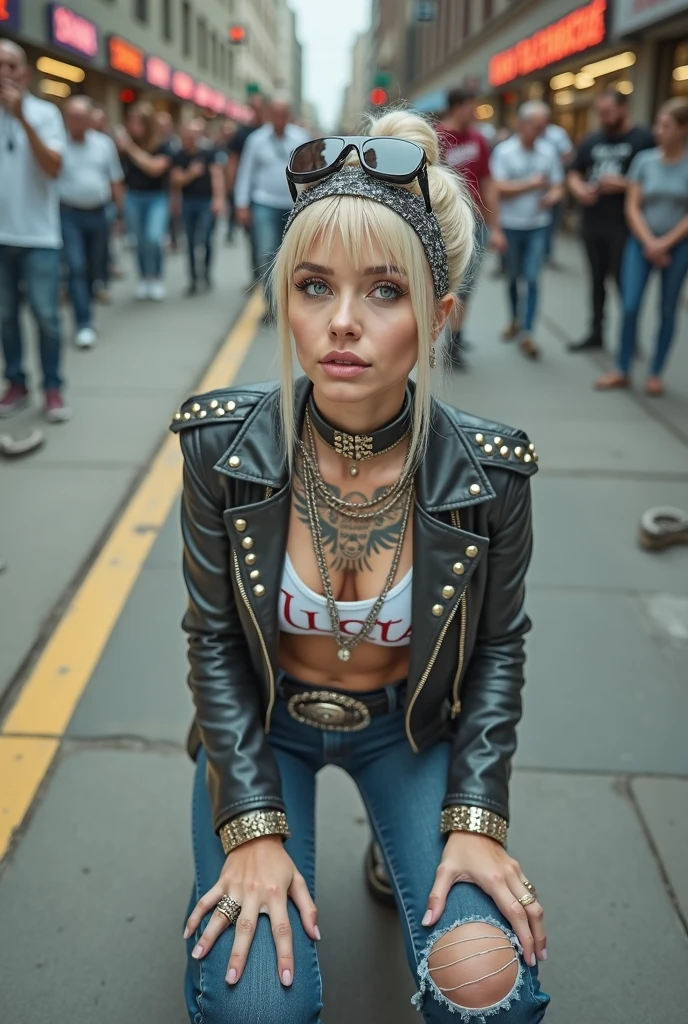 russian old milf woman, , blonde platinum hair (beehive bun) and oversized square sunglasses as headband), with very light green eyes, extremely pale. Wearing studded, padded shoulders, cropped black moto jacket (zippers on the side. dark burgundy push up t-shirt with skull and wings logo and gothic lettering,, dark skinny low rise blue jeans with holes on knees .White tennis sneakers. Lots of thick wide studded bracelets, chain collars and big rings. Tacky wide studded leather belt with big eagle oval buckle. Long earrings with chains. Kneeling on a ragged usa flag, looking at the photographer. Craving, sensual face. Hands on knees. Looking at the camera, Toned abdominals, thin neck, slim legs and thin arms. Narrow hips. Heavily tattooed on chest, hands, neck and arms. Crowded church with priests, rattlesnakes on the floor