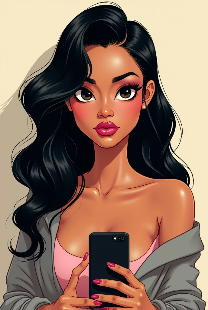 woman with long black power hair and blacks, thick and pink lips, dark shaped eyes, broad face, woman with cell phone in hand, styled, Disney movies