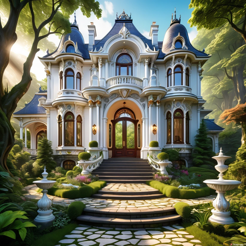 exterior close facade of a glossy perlish white manor,embodying Victorian splendor,stands as a testament to the art nouveau era,its architecture magnificent and refined,grand white porcelain portal and a cobblestone path.Nestled on a woodland trail lies a picturesque abode,a fantasy dwelling of awe-inspiring design and enigmatic facade.This ornate sanctuary boasts elegance and grandeur,reminiscent of elven craftsmanship,a sublime portrayal of a fairytale,vibrant colors,lighted ambience, biophilic aesthetic, sharp focus,incredible ultra-realism,hyper maximalism,photorealistic,smooth highly detailed,high saturation and contrast,unreal engine,HDR,32 k,final render,masterpiece