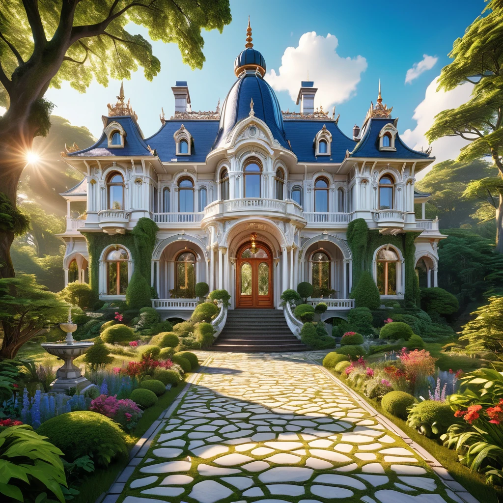exterior close facade of a glossy perlish white manor,embodying Victorian splendor,stands as a testament to the art nouveau era,its architecture magnificent and refined,grand white porcelain portal and a cobblestone path.Nestled on a woodland trail lies a picturesque abode,a fantasy dwelling of awe-inspiring design and enigmatic facade.This ornate sanctuary boasts elegance and grandeur,reminiscent of elven craftsmanship,a sublime portrayal of a fairytale,vibrant colors,lighted ambience, biophilic aesthetic, sharp focus,incredible ultra-realism,hyper maximalism,photorealistic,smooth highly detailed,high saturation and contrast,unreal engine,HDR,32 k,final render,masterpiece