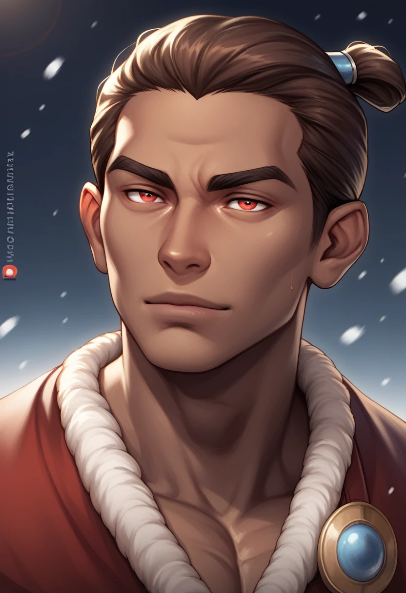 Snow Kanae, a 21-year-old man from the Water Tribe, It has red eyes, long brown hair, and dark skin. He has a strong body. He is wearing a standard Water Tribe coat., showing his natural mastery of water in a fighting pose, with 1,83 tall. Full HD, 4K, 8k.