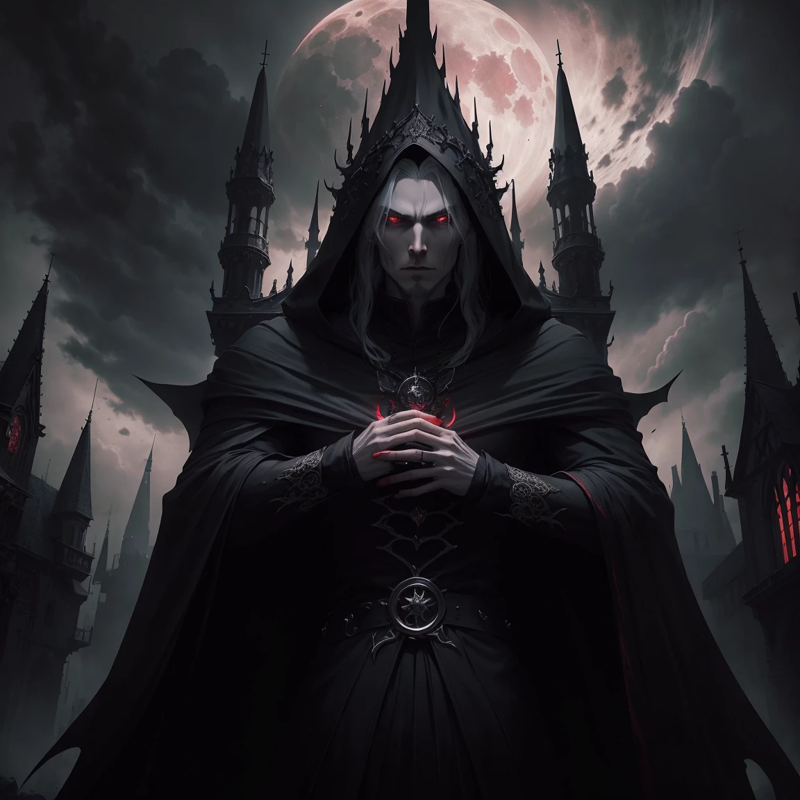 Vampire male , long flowing white hair, black and red cloak, piercing red eyes, menacing expression, powerful aura, standing in a dimly lit chamber,, casting eerie shadows, , adorned with intricate details, with a sinister grin, exuding an aura of darkness, with an intimidating presence, in a gothic castle, with imposing architecture, shrouded in mist, under a blood-red moon, with a storm brewing in the background, creating a foreboding atmosphere, reminiscent of a dark fantasy novel cover, Dracula,with a dramatic lighting, emphasizing the contrast between light and shadow, evoking a sense of mystery and danger, with a touch of supernatural elements and captivating artistry."