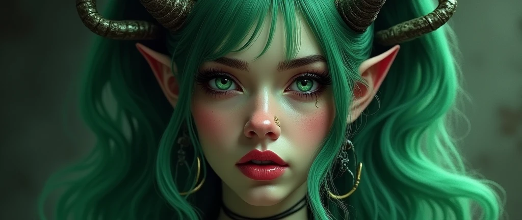 a young woman with curvy figure, green hair, pig nose, horns 💧, detailed intricate face, beautiful detailed eyes, beautiful detailed lips, extremely detailed eyes and face, long eyelashes, beautiful detailed portrait, cinematic lighting, dramatic lighting, dark fantasy, dark surreal, dark atmospheric, gothic, moody, rich colors, vibrant colors, digital painting, hyperrealistic, masterpiece, (best quality,4k,8k,highres,masterpiece:1.2),ultra-detailed,(realistic,photorealistic,photo-realistic:1.37)