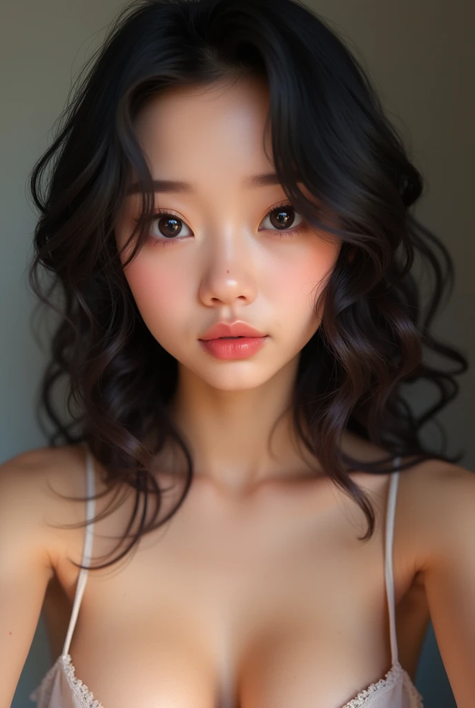 An Asian girl with curly hair and big breasts taking a realistic photo, selfie 