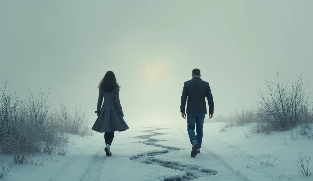 A melancholic scene in cold, muted gray tones, set against a bleak, gray sky with falling snow. The image captures the backs of an Italian woman and man walking in opposite directions on separate paths, their figures gradually fading into the wintry landscape. Their steps leave subtle imprints in the snow, while a shadow of a broken heart forms on the ground between them, symbolizing separation and loss. Snowflakes gently descend, adding to the somber and reflective mood of the scene, with the cold light enhancing the contrast and emotional depth.