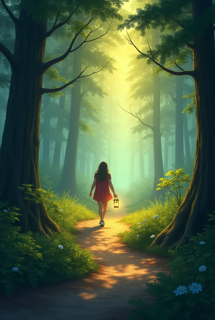 Create a scene of a person walking through a quiet winding forest path. The path is dappled with sunlight filtering through the trees, creating a warm, inviting atmosphere. In the person’s hand, they carry a small glowing lantern close to their heart symbolizing the inner light that guides their way. Along the path subtle glowing orbs hover representing the positive moments and thoughts that can change their day and direction. The scene should evoke a sense of calm, inner strength and gentle guidance