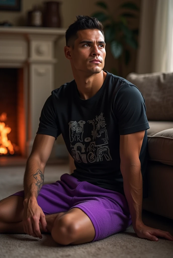 I want you to do James Rodriguez ,shave 🪒,with a black t-shirt with drawings and purple beach shorts,sitting on the floor, looking at the fireplace in the house