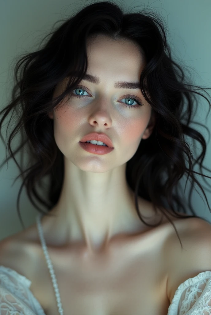 Pale model blue eyes black long curly  hair posing