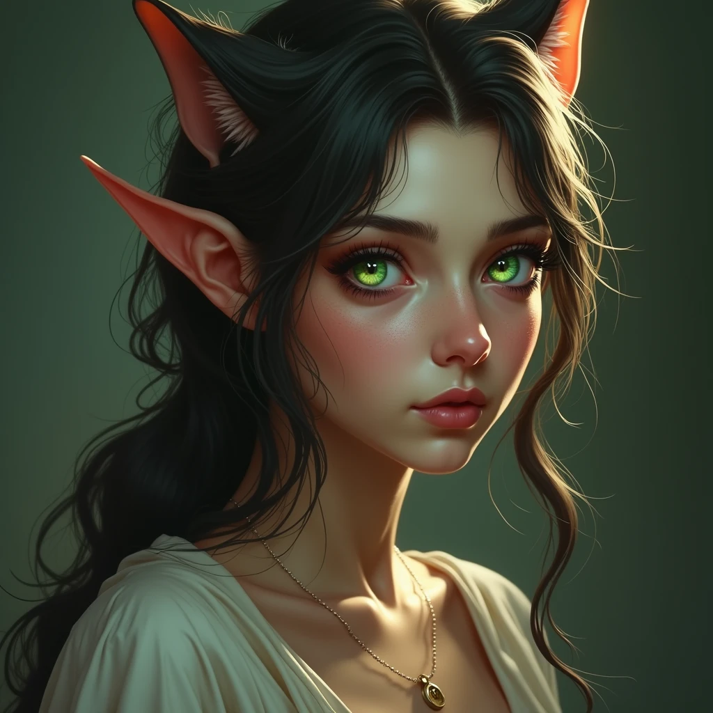 seductive elf woman, Ultra detailed green cat eyes, siamese cat hair , cat nose, Coherent portrait