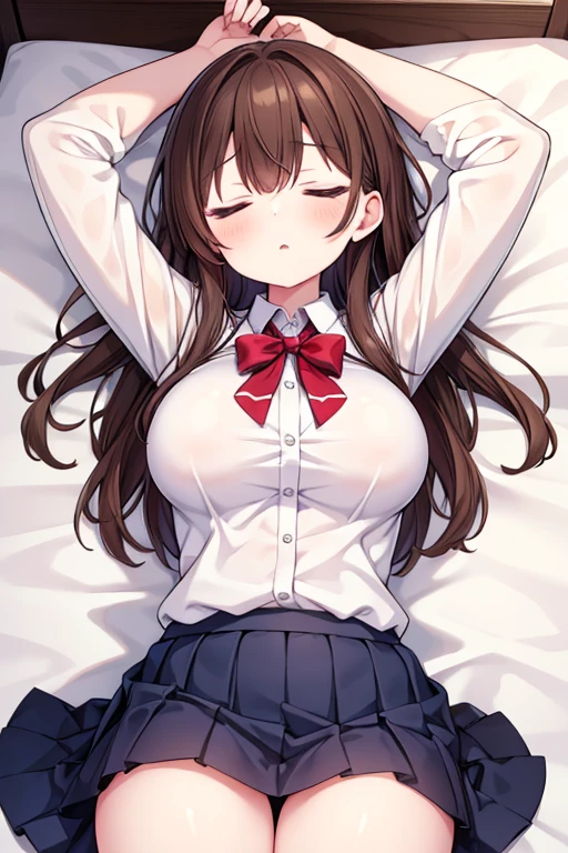 One Girl, Closed eyes, Textured skin, High resolution, Anatomically correct, On the bed,Large Breasts, Thighs,Raise your arms,sleeping face,((Sleeping in bed))Leg spread,uniform,skirt,Brown Hair, Open your mouth a little,
