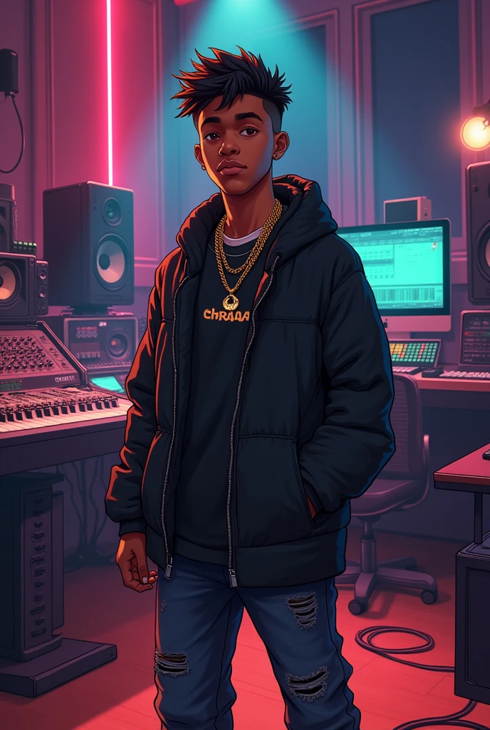 A 17-year-old boy Skin color: brown Place: music recording studio With hair like Drake the rapper has it Accessories: gold chain that says BRAY
