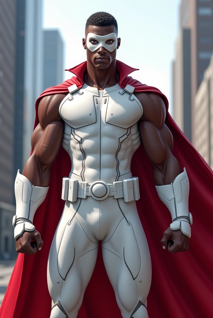 A young handsome slim African American man who is a Marvel superhero. His suit is white with a red cape and a white mask.