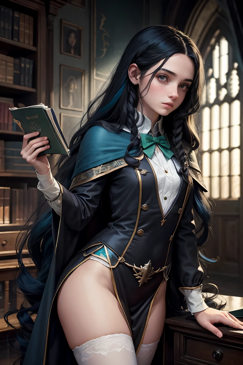 adolescent, 15 years, Long wavy black hair with a blue streak, grey eyes, White skin, parts, magical world, Hogwarts, Slytherin, Full uniform, The Noble and Most Ancient House of Black, Weirdsister College, Hija de Ethel Hallow, Nick Hobbes' daughter, dark magic, potions, Realistic style, Best Quality, HD.