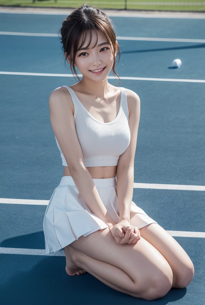 Cute Japanese Junior Idol、Sitting on a tennis court、Tennis underskirt、White thin tube top uniform、The strong wind is blowing her skirt up、High resolution, masterpiece, Accurate, Anatomically correct, number々Awards for, 最高quality, Attention to detail, High resolutionモデル, 高quality, quality, Very detailed, Textured skin, 超High resolution, Shortcuts, smile, Valletta, 8k octane, 3D Rendering, 