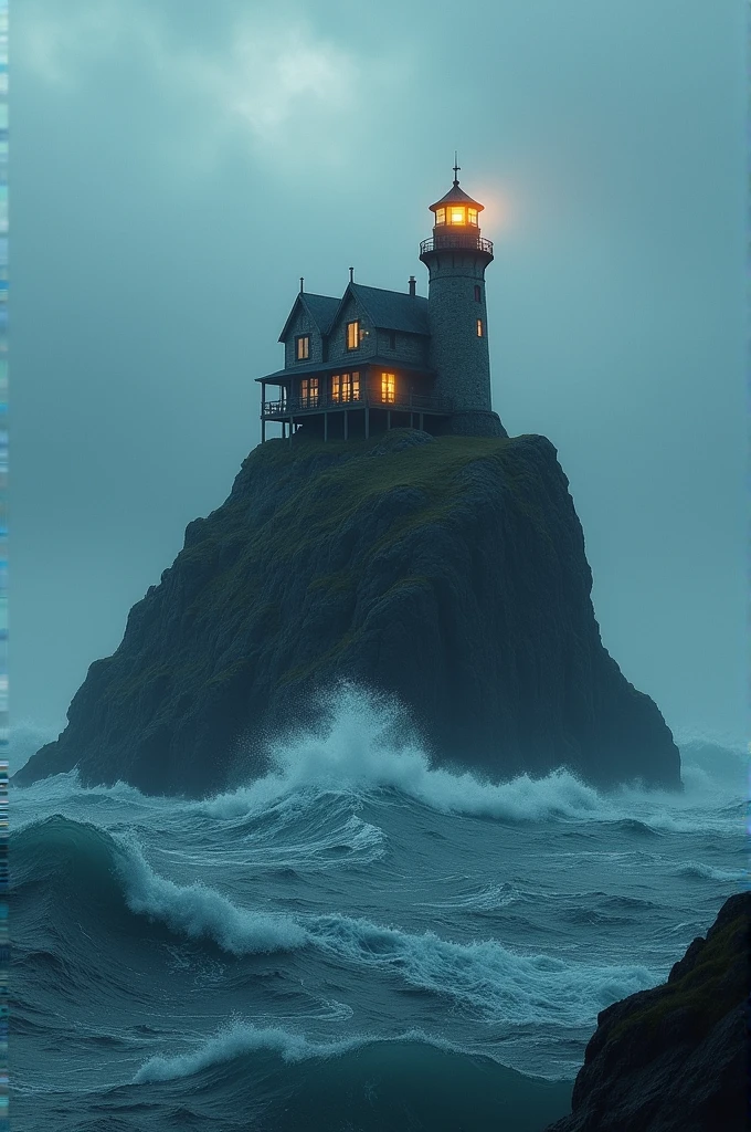 a house on a rock in the middle of the sea with a light coming from the sky that illuminates it and the image says CSLR