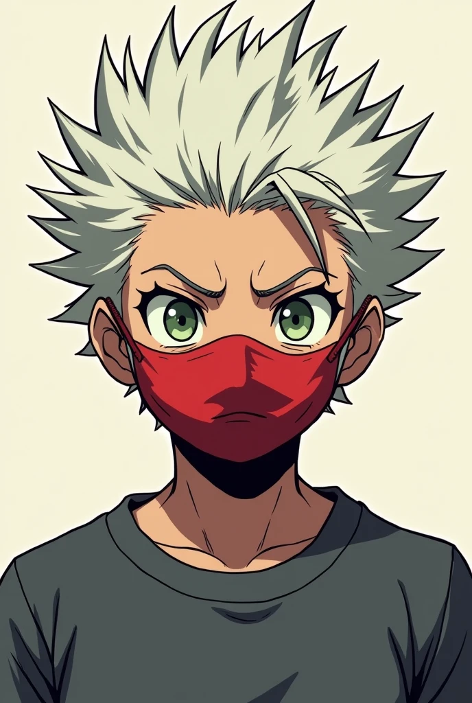 JoJo 2D style character, I will keep the main features, male character, like spiky white hair, a red mouth mask and round dull green eyes with a tired expression, wearing a dark gray sweatshirt.