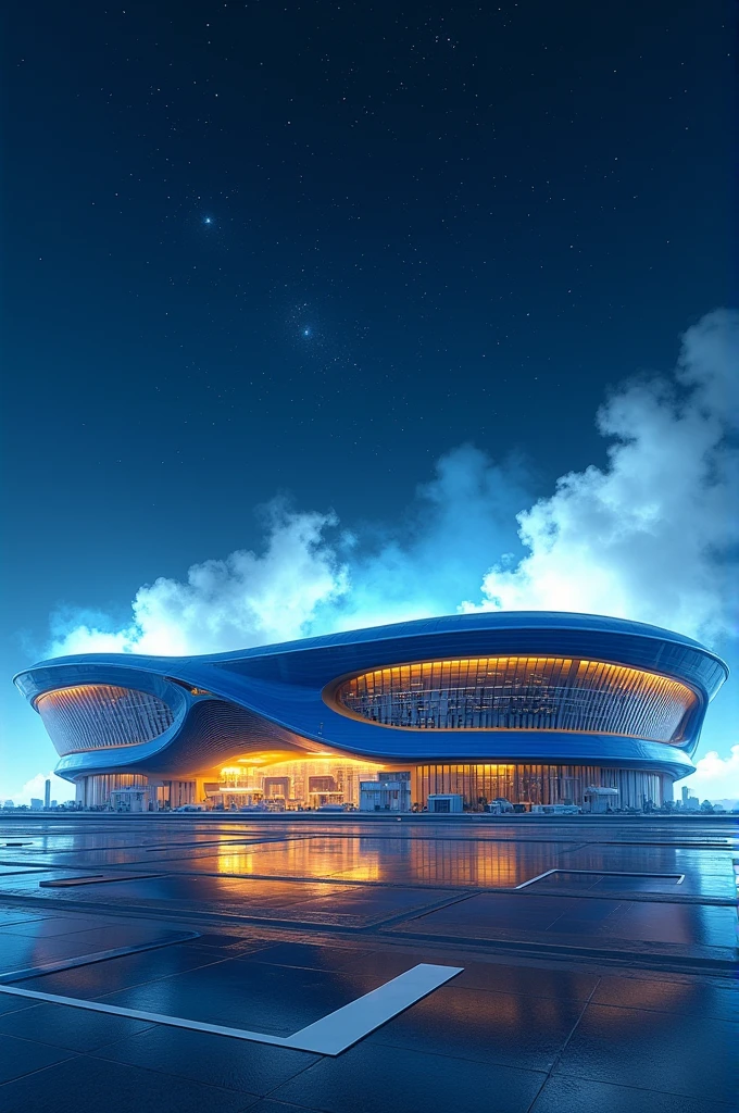"Create a 4K image of a modern stadium with predominant blue and yellow colors. The stadium should have a futuristic and sophisticated look. Add smoke effects enveloping the structure and texture the surfaces to give a sense of depth and realism. Include detailed stars in the sky to provide a nighttime, sparkling touch. Ensure all elements are sharp and well-defined to highlight the modern and vibrant style of the stadium."