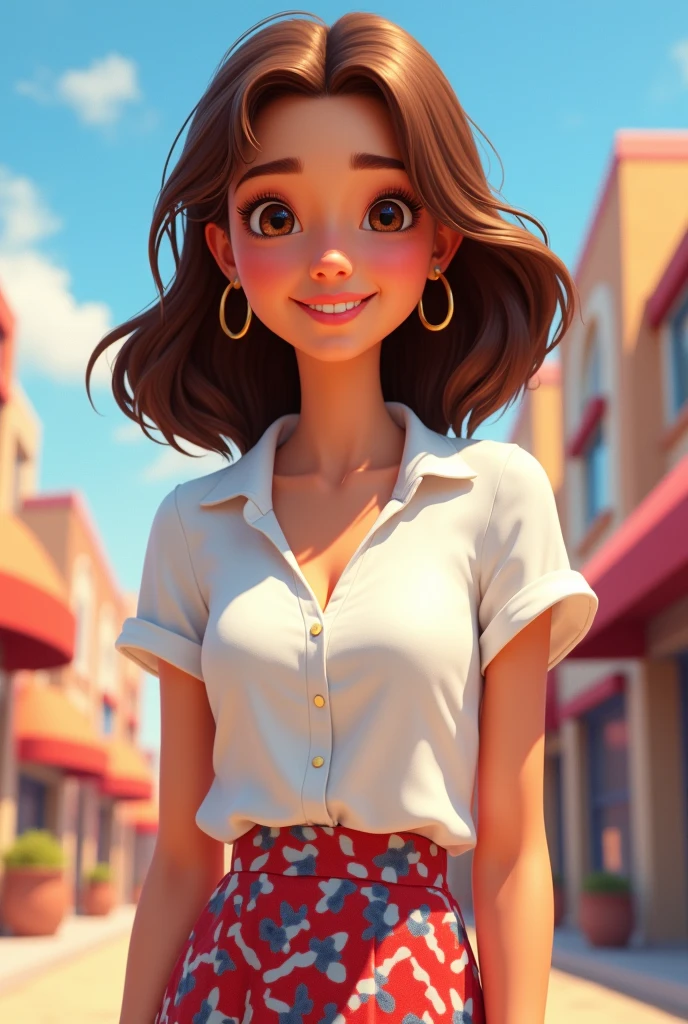 Pixar character poster with brown hair, Brown eyes, Clothing white blouse with red, white and blue skirt