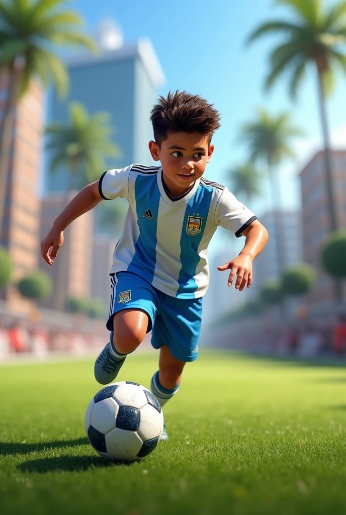 Boy playing soccer dressed in Argentina uniform
