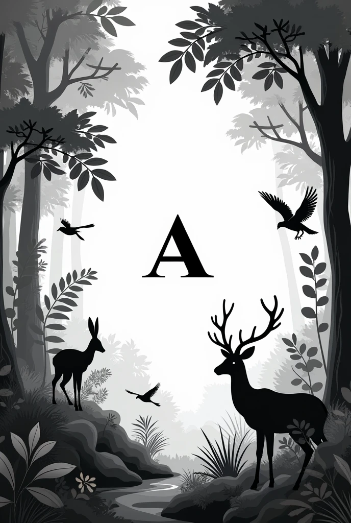 Dessine moi le logo ATSAN dans un decor de forêt et d'animaux en blanc et noir