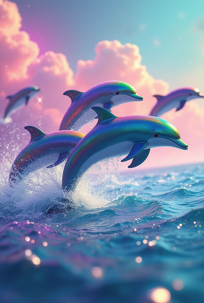 rainbow dolphins in rainbow ocean jumping out of water