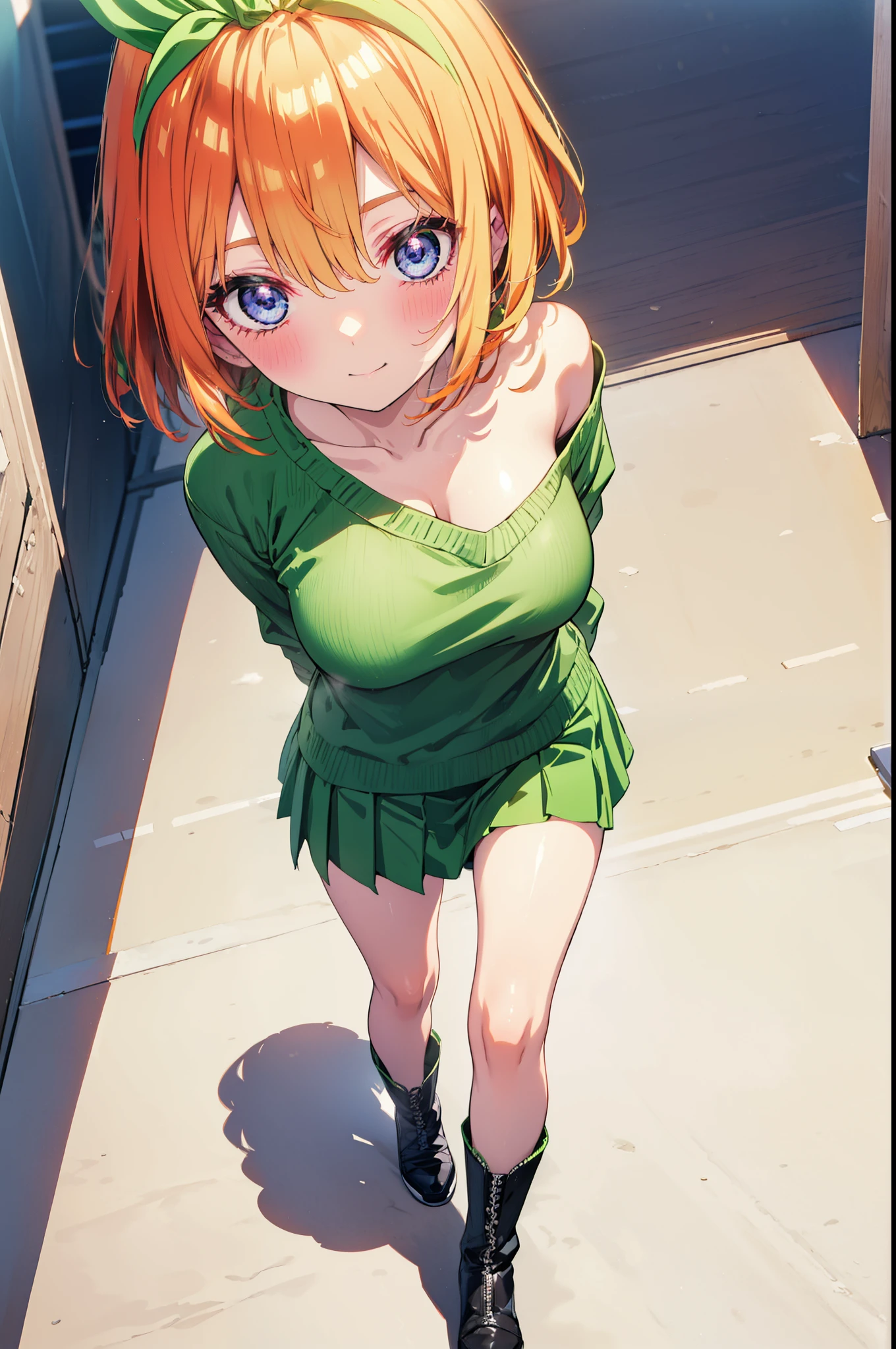 Yotsubanakano, Fourth floor Nakano, bangs, short hair, blue eyes, Hair between the eyes, hair ribbon, hair band, Orange Hair, (Green ribbon:1.5), smile, Close your mouth,blush,
Green one-shoulder sweater,mini skirt,Black pantyhose,short boots,Walking,morning,morning陽,The sun is rising,On the way to school,whole bodyがイラストに入るように,　　　　　　　　　　　　　　　　　　　　break looking at viewer, whole body,　　　　　　　　　　　　　　　　　　　break outdoors,University, School building,　　　　　　　　　　　　break (masterpiece:1.2), Highest quality, High resolution, unity 8k wallpaper, (shape:0.8), (Beautiful attention to detail:1.6), Highly detailed face, Perfect lighting, Highly detailed CG, (Perfect hands, Perfect Anatomy),