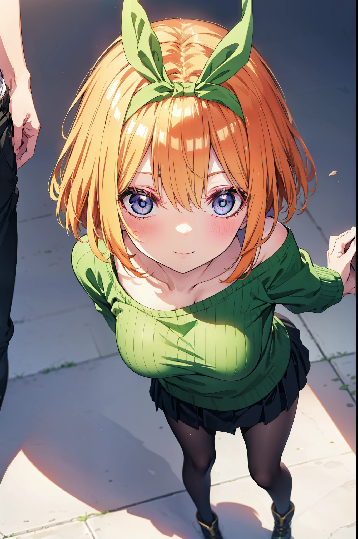 Yotsubanakano, Fourth floor Nakano, bangs, short hair, blue eyes, Hair between the eyes, hair ribbon, hair band, Orange Hair, (Green ribbon:1.5), smile, Close your mouth,blush,
Green one-shoulder sweater,mini skirt,Black pantyhose,short boots,Walking,morning,morning陽,The sun is rising,On the way to school,whole bodyがイラストに入るように, break looking at viewer, whole body, break outdoors,Building district, break (masterpiece:1.2), Highest quality, High resolution, unity 8k wallpaper, (shape:0.8), (Beautiful attention to detail:1.6), Highly detailed face, Perfect lighting, Highly detailed CG, (Perfect hands, Perfect Anatomy),