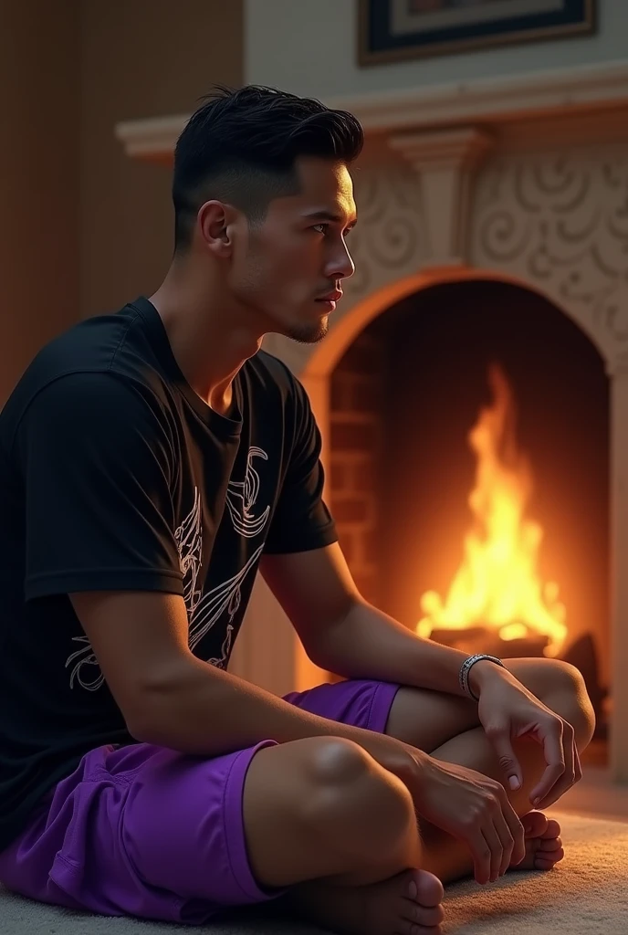 I want you to do James Rodriguez ,shave 🪒,with a black t-shirt with drawings and purple beach shorts,sitting on the floor, looking at the fireplace in the house