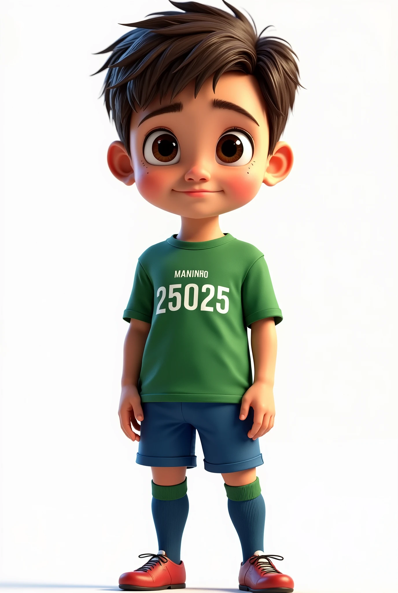 a character in standing pose, hyper-realistic, 1 boy, small black detailed eyes, beautiful big lips, extremely detailed face, large and tapered chin, brown hair, green t-shirt with the name MANINHO and below the name MANINHO the number 25025 printed, blue pants, knee-high socks, football player style, intricate details, volumetric lighting, dramatic chiaroscuro, cinematic lighting, award-winning digital art, masterpiece, high quality, 8k, photorealistic, studio lighting, physically based rendering, vibrant colors, warm color palette, pixar style, disney. white background