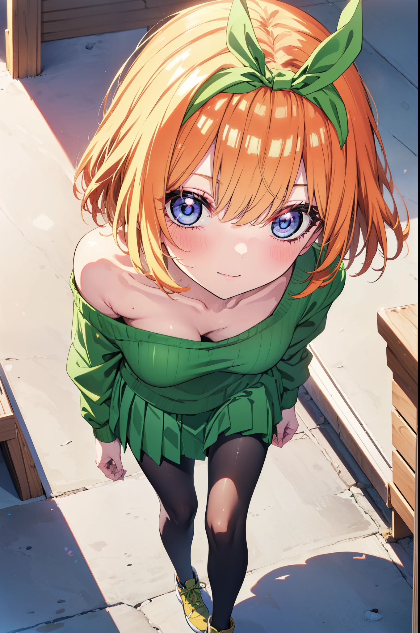 Yotsubanakano, Fourth floor Nakano, bangs, short hair, blue eyes, Hair between the eyes, hair ribbon, hair band, Orange Hair, (Green ribbon:1.5), smile, Close your mouth,blush,Glasses,
Green one-shoulder sweater,mini skirt,Black pantyhose,short boots,Walking,morning,morning陽,The sun is rising,On the way to school,whole bodyがイラストに入るように, break looking at viewer, whole body, break indoors,Shopping mall, break (masterpiece:1.2), Highest quality, High resolution, unity 8k wallpaper, (shape:0.8), (Beautiful attention to detail:1.6), Highly detailed face, Perfect lighting, Highly detailed CG, (Perfect hands, Perfect Anatomy),