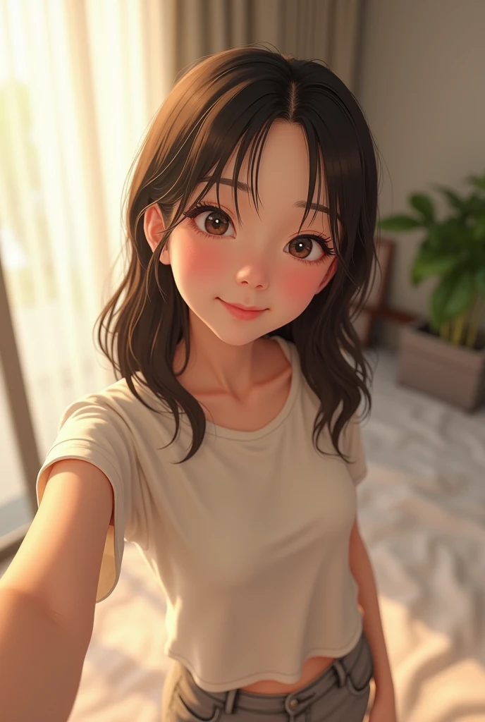 Selfie style。Young Japan woman with fair skin。T-shirt and shorts。Selfie style。Smiling。The background is a bed。Soft morning light。