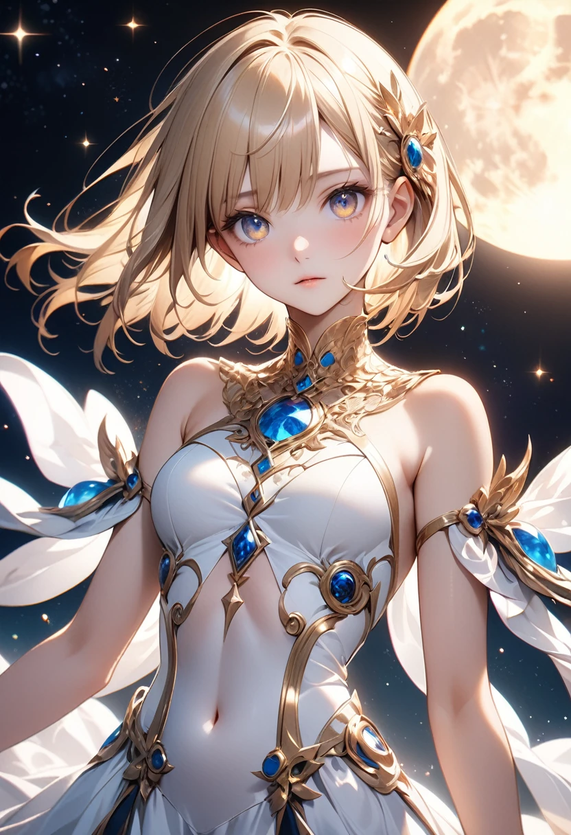 ((Highest quality)), ((Masseter muscle area)), (Ultra-detailed:1.4), (32,000 Images), (Ultra high definition), Best Anime, Sharpness, Best Wallpaper, Incredible depiction, Golden Ratio, Wind Manipulation:1.5, Light manipulation, (Perfect anatomy without any destruction), (Beautiful eyes with attention to detail, Sparkling Eyes), (Shiny Hair:1.1, ), (Beautiful face with intricate and detailed details), (Beautiful skin with intricate and detailed details), (Expressionless:1.2), The body is slim, Slim Belly, huge , Small waist, belly button, goddess, (Beautiful, intricate and shining white clothing, Beautiful decoration with intricate and detailed design, gem), full moon:1.1, A deep background:1.3, Blonde、Red ribbon hair ornament、Bobcut、 Starry Sky,,, ai-generated,