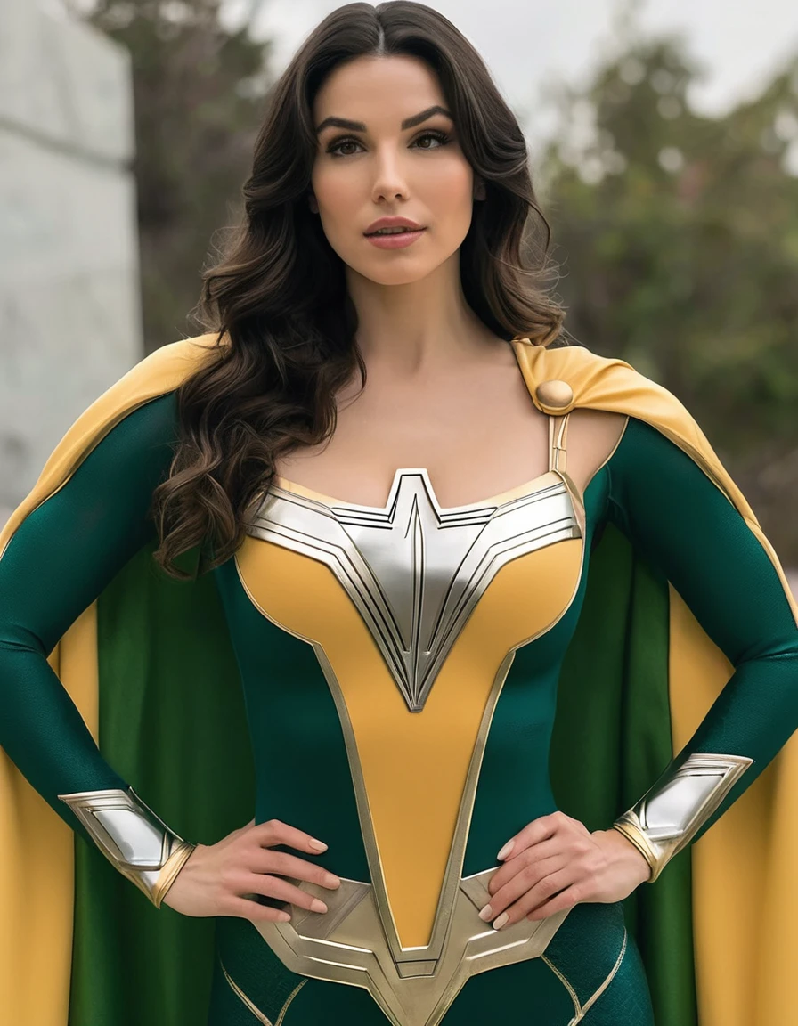 professional portrait photo of Grccrlncrry woman, looking at the camera, Revealing Busty outfit with cleavage and skin tight costume. Curvaceous figure, large breasts, green eyes. Showing cleavage, highly detailed, skin texture, cosplaying as Mary Marvel of the DC universe of comics.
