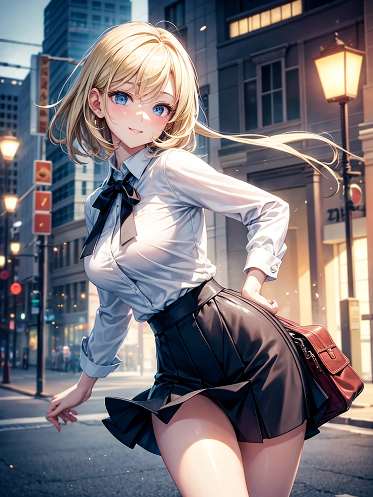 Anime style, super fine illustration, highly detailed, beautiful detailed, pale tone image, static representation, gentle expression, happy expression, 8k, pretty 1girl with blonde straight short hair & blue eyes & a bright smile & full bust & soft fair skin is wearing big white business shirt not to show her skin & black tight skirt & 1business bag, on the business building morning street, in the morning, brilliant particles of lights, happy stories, solo, perfect fingers, perfect arms, perfect legs, masterpiece.
