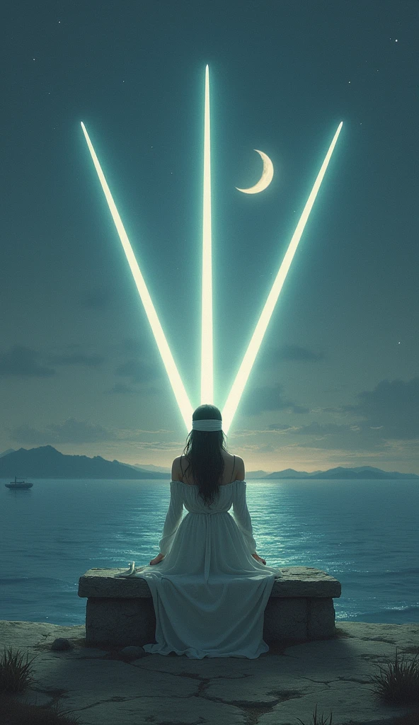 Design an image for the 'Two of Lights,' a card from a Tarot deck inspired by the Rider-Waite's Two of Swords. This card features a serene figure sitting at the center, blindfolded, holding two crossed beams of light in place of swords. These beams of light radiate a soft, otherworldly glow. The figure sits on a stone bench with a backdrop of a calm, twilight sea and a crescent moon high in the sky. The scene should suggest balance, tension, and the need for decision-making, with the beams of light symbolizing the choices and paths ahead. The overall atmosphere is peaceful yet charged with potential.