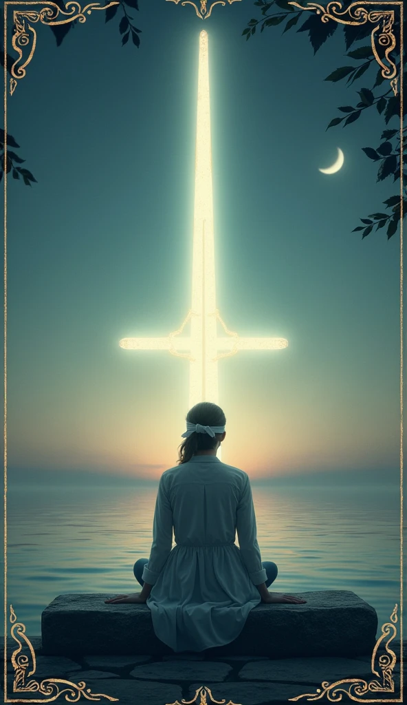 Design an image for the 'Two of Lights,' a card from a Tarot deck inspired by the Rider-Waite's Two of Swords. This card features a serene figure sitting at the center, blindfolded, holding two crossed beams of light in place of swords. These beams of light radiate a soft, otherworldly glow. The figure sits on a stone bench with a backdrop of a calm, twilight sea and a crescent moon high in the sky. The scene should suggest balance, tension, and the need for decision-making, with the beams of light symbolizing the choices and paths ahead. The overall atmosphere is peaceful yet charged with potential.