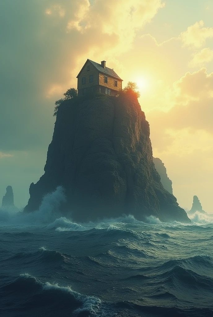 a house on a rock in the middle of the sea with a light coming from the sky that illuminates it that the image has the letters CSLR