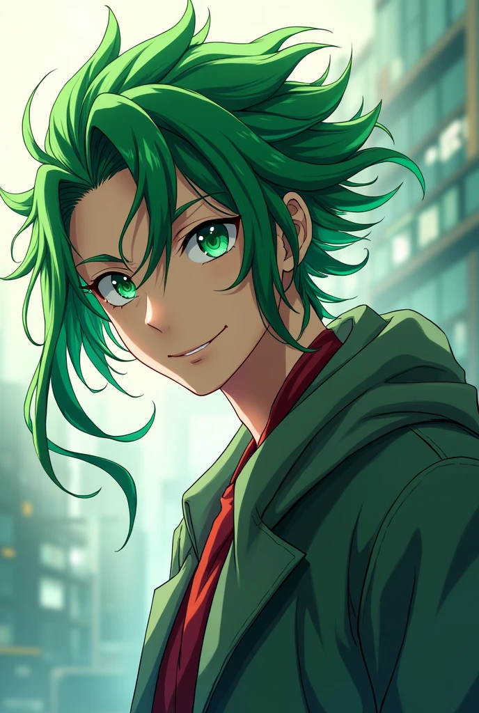 Cover with male anime character with green eyes with pink pupil, long green hair a little crazy and rebellious smiling