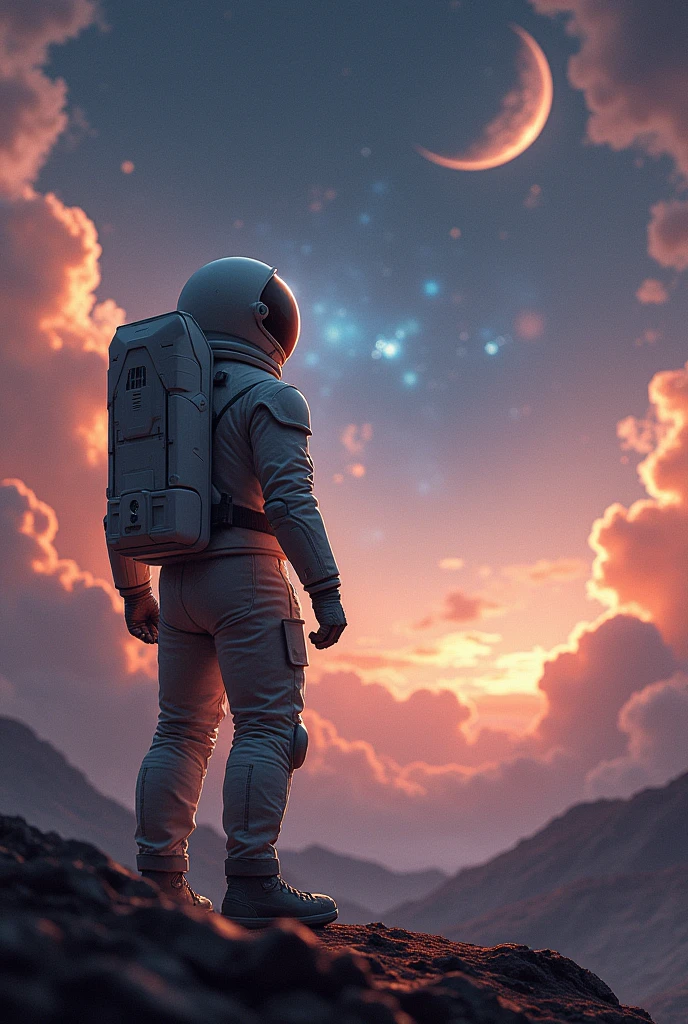 Generate a photo of an astronaut looking into space on another planet