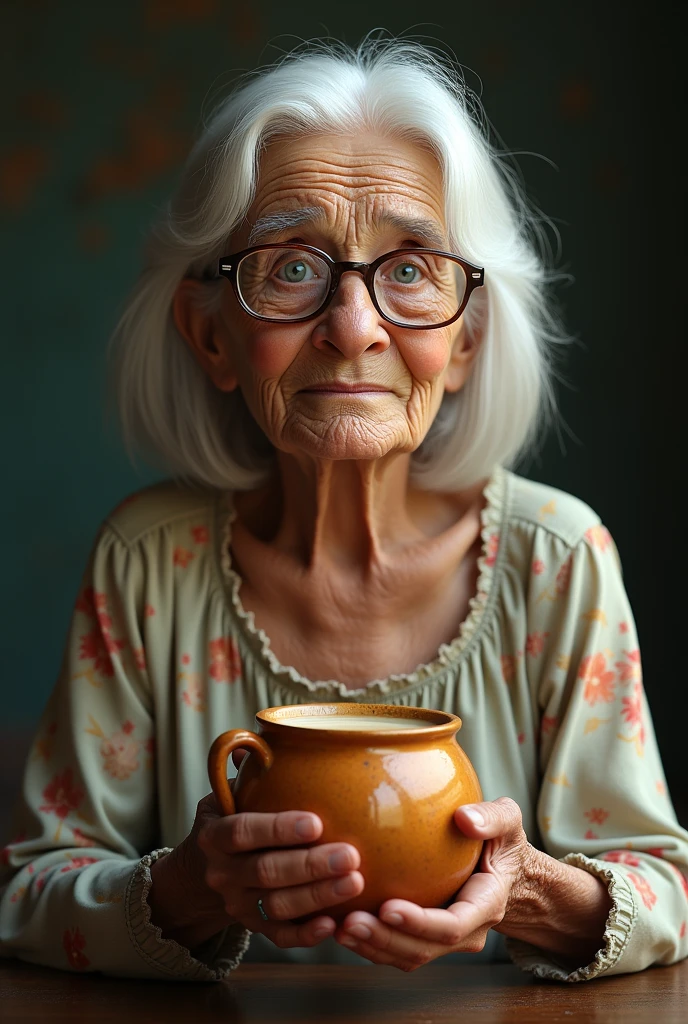 Very old grandma holding her Chimarrão , with medium straight white hair, wearing glasses and blue eyes, white skin and wearing a flower blouse