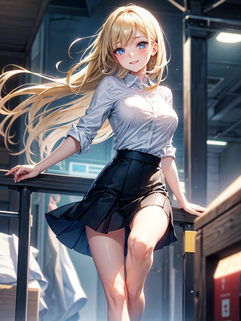 Anime style, super fine illustration, highly detailed, beautiful detailed, pale tone image, static representation, gentle expression, happy expression, 8k, pretty 1girl with blonde straight short hair & blue eyes & a bright smile & full bust & soft fair skin is wearing big white business shirt not to show her skin & black tight skirt & 1business bag, on the business building morning street, in the morning, brilliant particles of lights, happy stories, solo, perfect fingers, perfect arms, perfect legs, masterpiece.