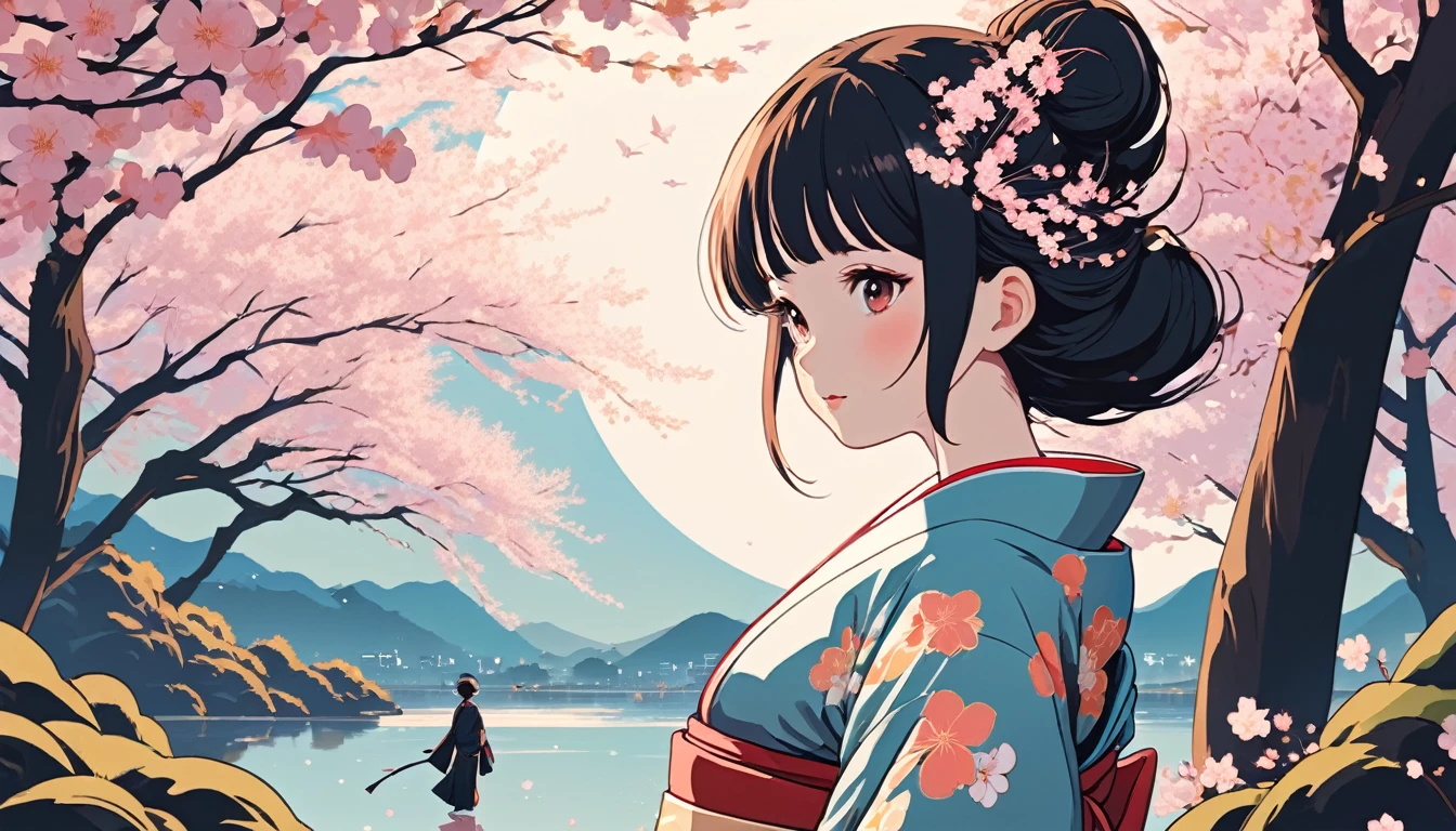 Woman in kimono、Background is cherry blossoms、Wide-angle lens, Lofi Anime, Lofi illustration, Aesthetic atmosphere, Lo-Fi Style, Vector art, Flat Design, Simple shape, Warm tones, Pleasant atmosphere, Chill, In anime style, Digital drawing, Vector art, Vector logo for t-shirt printing, (Adorable:1.5), (small:1.4), (Playful:1.2), (soft:1.3), (Whimsical:1.1), masterpiece, Highest quality, 8k, Intricate details, grow, Celestial, Mysterious, Picturesque, amazing, Majestic, Magic, Fantasy art, Cover art, dream-like